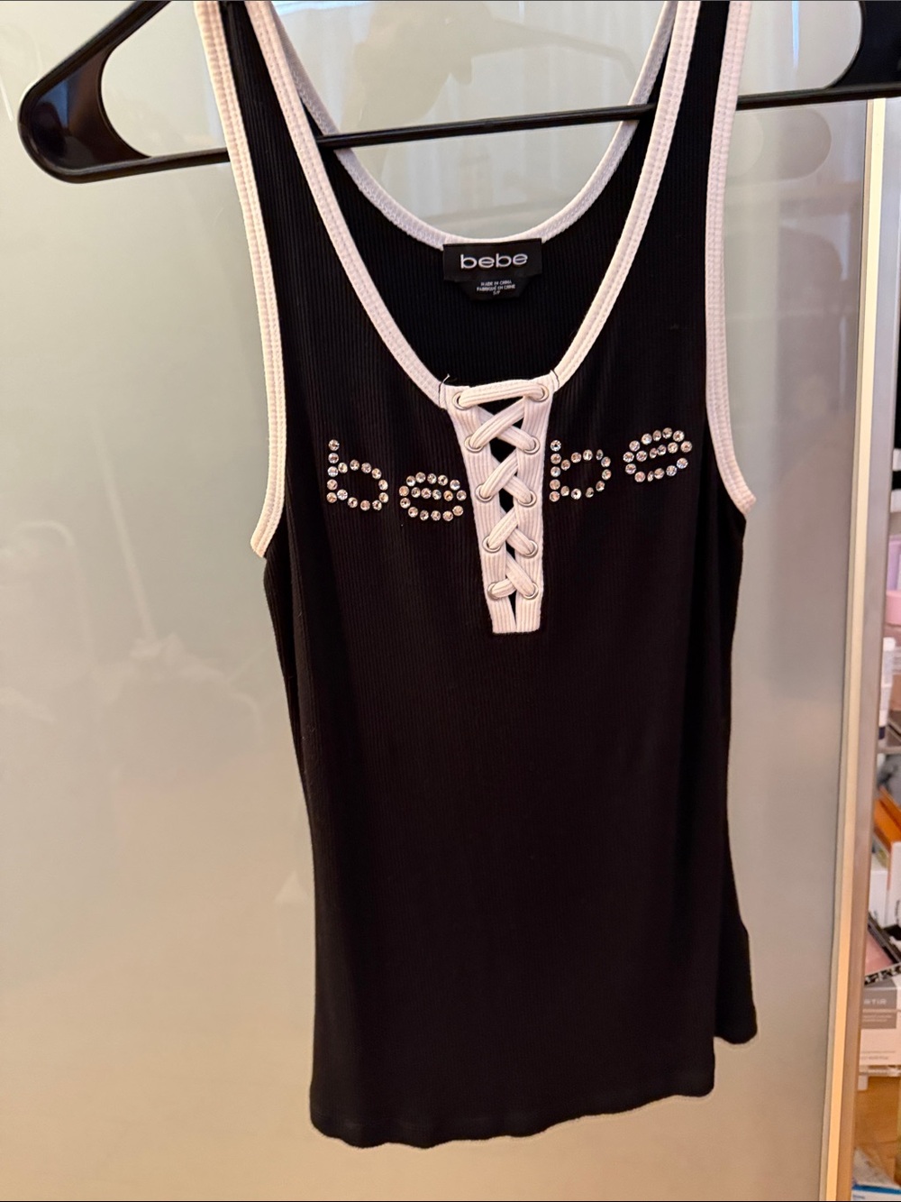 bebe Black Tank with White Trim and Rhinestone Logo